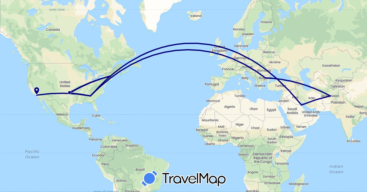 TravelMap itinerary: driving in Afghanistan, Bulgaria, Kuwait, United States (Asia, Europe, North America)